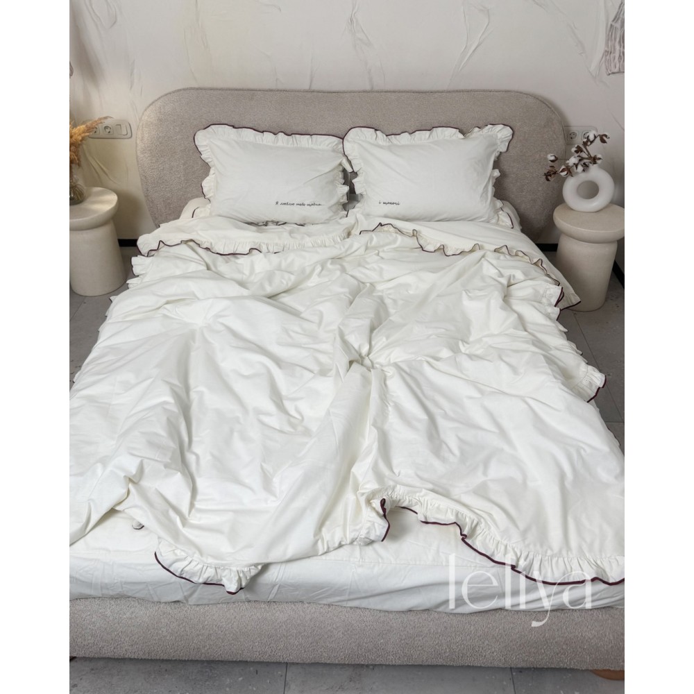 Поплін Молочний з Рюшами та Бордовим Кантом + Вишивка