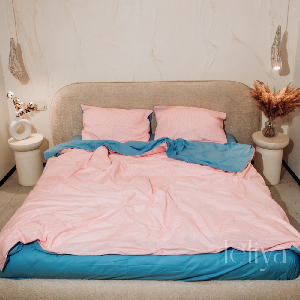 Поплін Блакитний + Рожева Клітинка